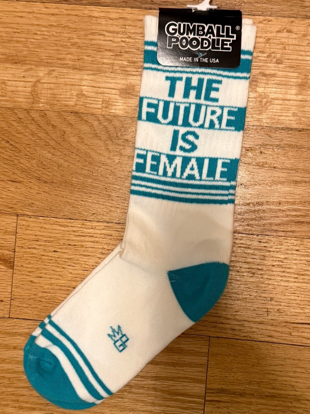 Gumball Poodle "The Future Is Female" Stripe Crew Socks White Teal One Size NWT